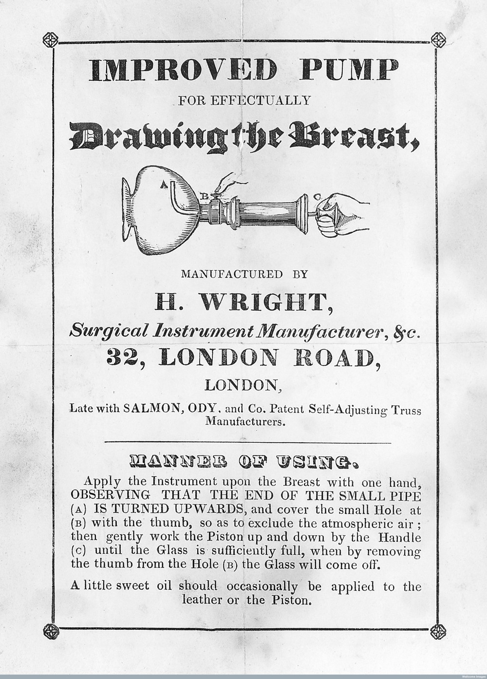 M0018719 Advertisement for an 'Improved Breast Pump', by Wright